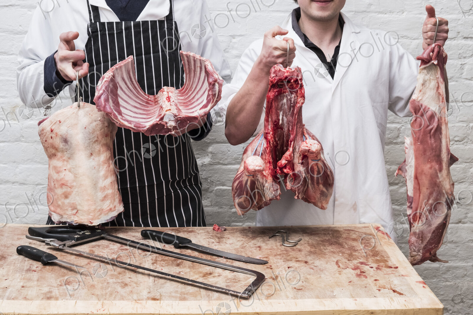 Two butchers at work holding up the butchered carcass of a spring lamb, ribs,…