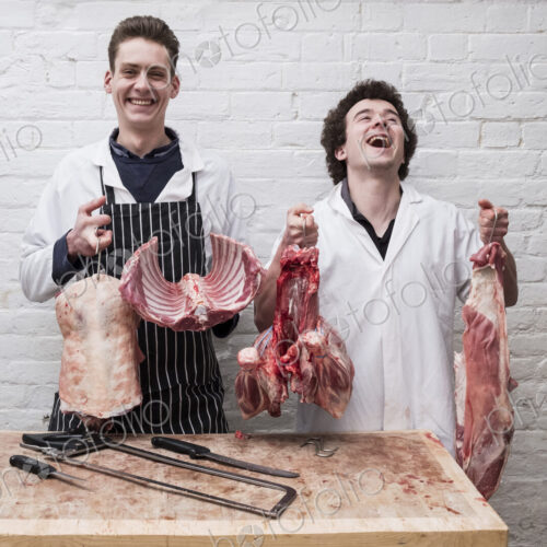 Two butchers at work holding up the butchered carcass of a spring lamp, ribs,… Two butchers at work holding up the butchered carcass of a spring lamp, ribs,…