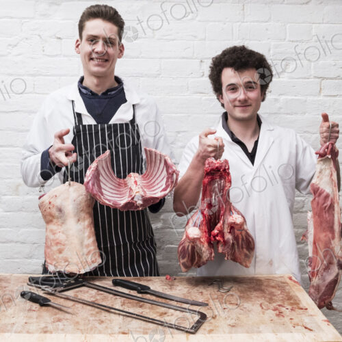 Two butchers at work holding up the butchered carcass of a spring lamp, ribs,… Two butchers at work holding up the butchered carcass of a spring lamp, ribs,…