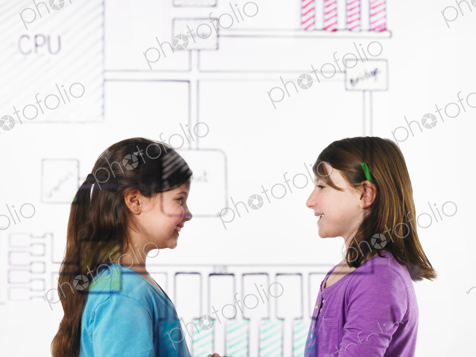 Two children facing each other behind a drawing of a computer motherboard circuit…