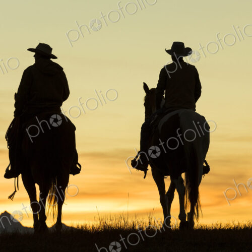 Two cowboys riding on horseback in a Prairie landscape at sunset. Two cowboys riding on horseback in a Prairie landscape at sunset.