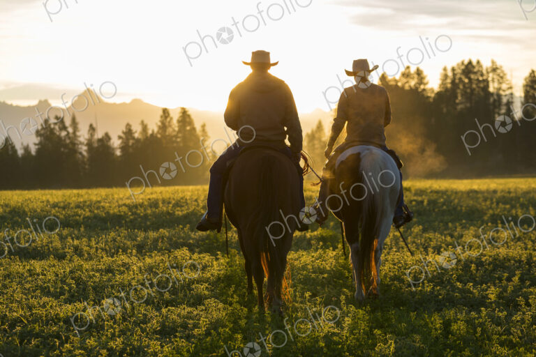 Two cowboys riding on horseback in a Prairie landscape at sunset.