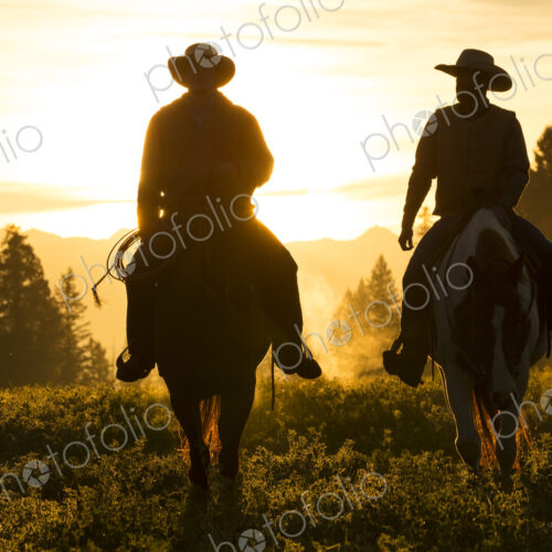 Two cowboys riding on horseback in a Prairie landscape at sunset. Two cowboys riding on horseback in a Prairie landscape at sunset.