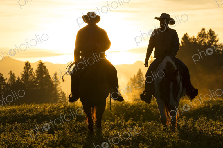 Two cowboys riding on horseback in a Prairie landscape at sunset.