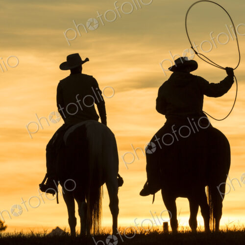 Two cowboys riding on horseback in a Prairie landscape at sunset, one swinging lasso. Two cowboys riding on horseback in a Prairie landscape at sunset, one swinging lasso.