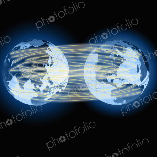 Two globes linked by lines of light, representating global communication.