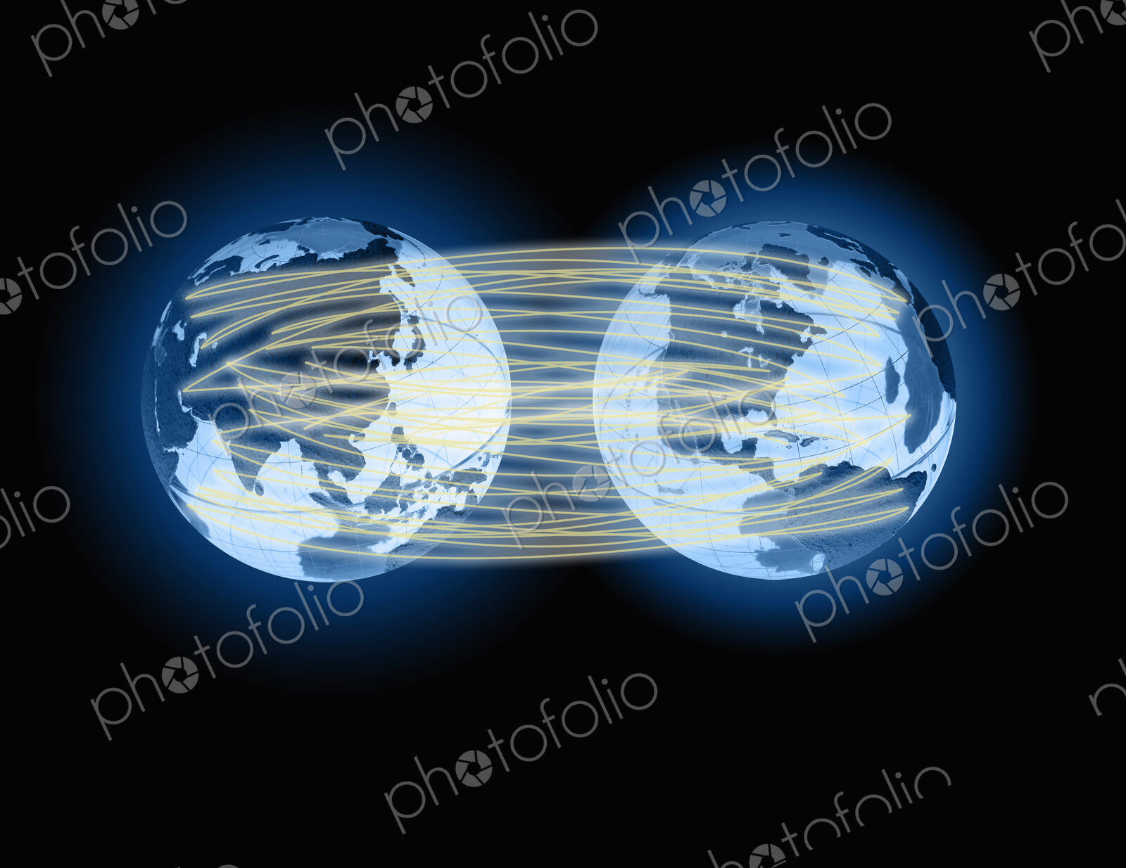 Two globes linked by lines of light, representating global communication.