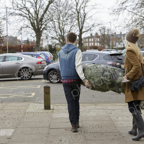 Two people carrying a netted Christmas tree to the car park. Two people carrying a netted Christmas tree to the car park.