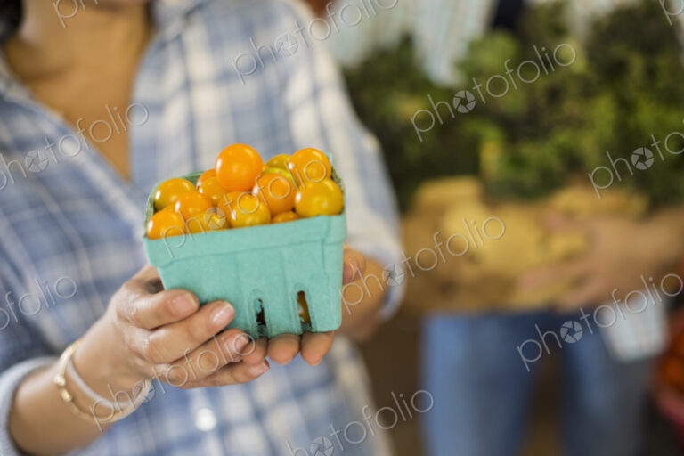 Two people with baskets of tomatoes and curly green leafy vegetables. Working on an…