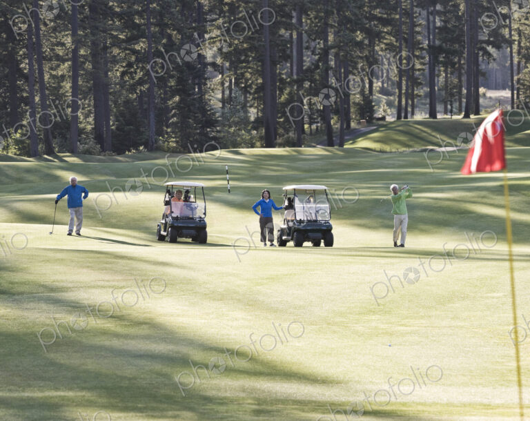 Two senior couples playing golf on a golf course.