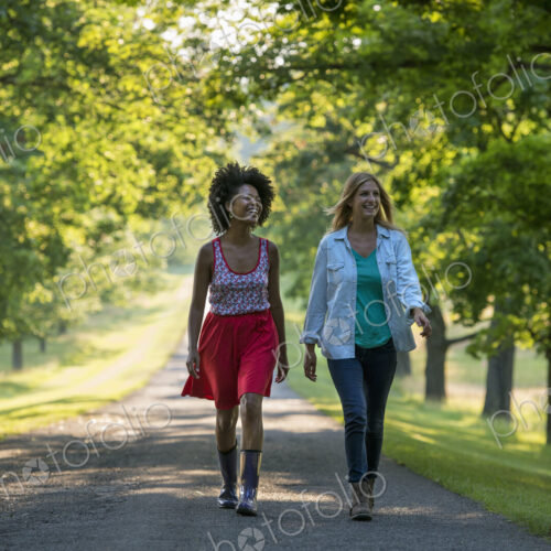 Two women walking down a path lined with trees.