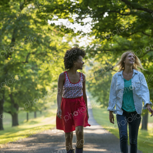 Two women walking down a path lined with trees.