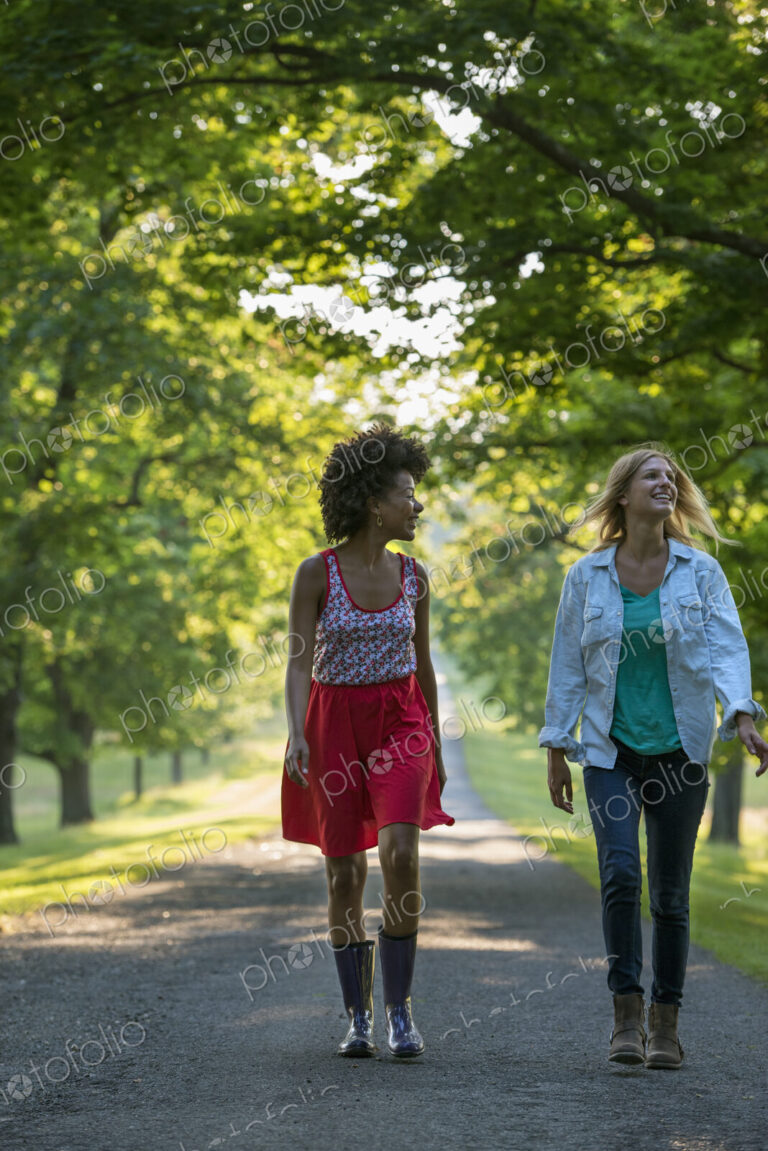 Two women walking down a path lined with trees.