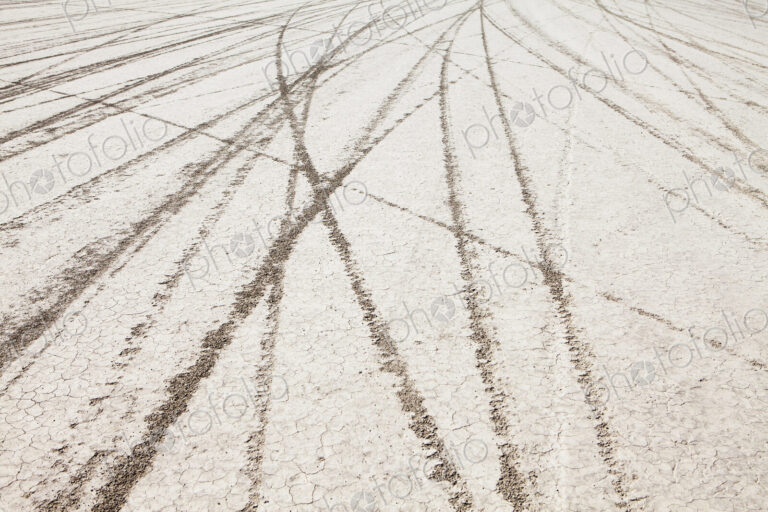 Tyre marks and tracks in the playa salt pan surface of Black Rock Desert, Nevada.