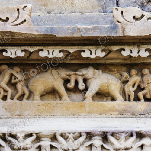 UNESCO World Heritage Site of Khajuraho, a temple frieze, carvings of elephants.