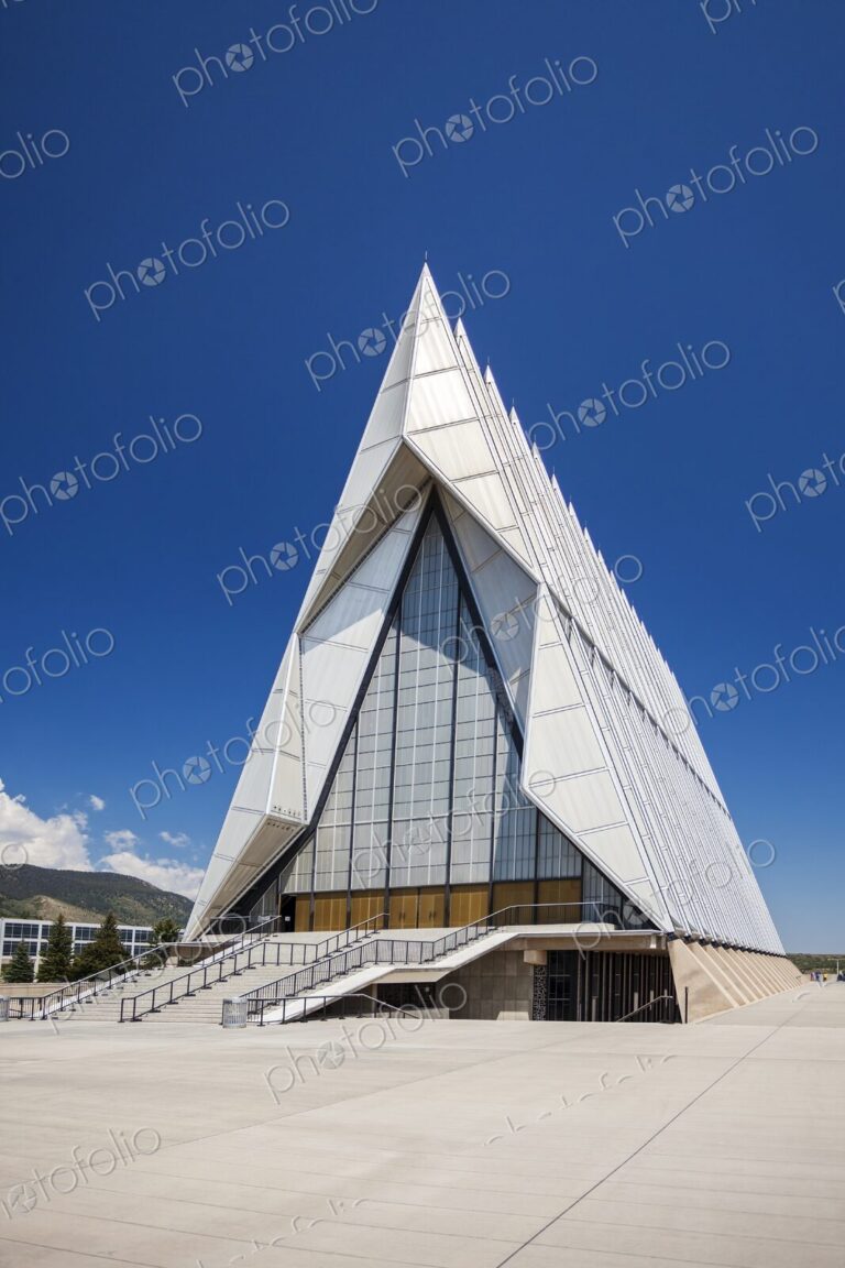 United States Air Force Academy Cadet Chapel in Colorado Springs, sharp spires and…