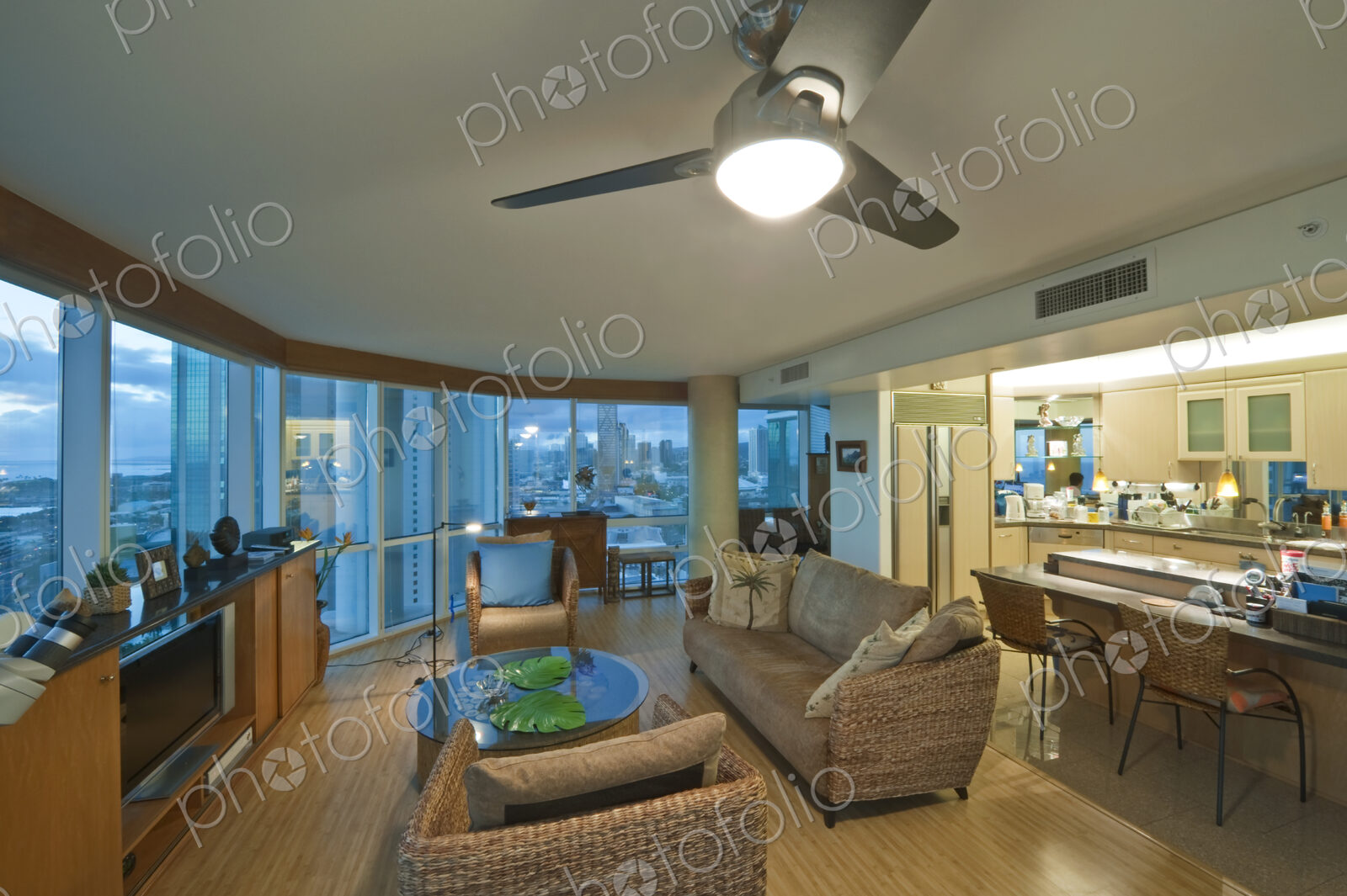Upscale Living Room in High Rise Condo, Hawaii, USA
