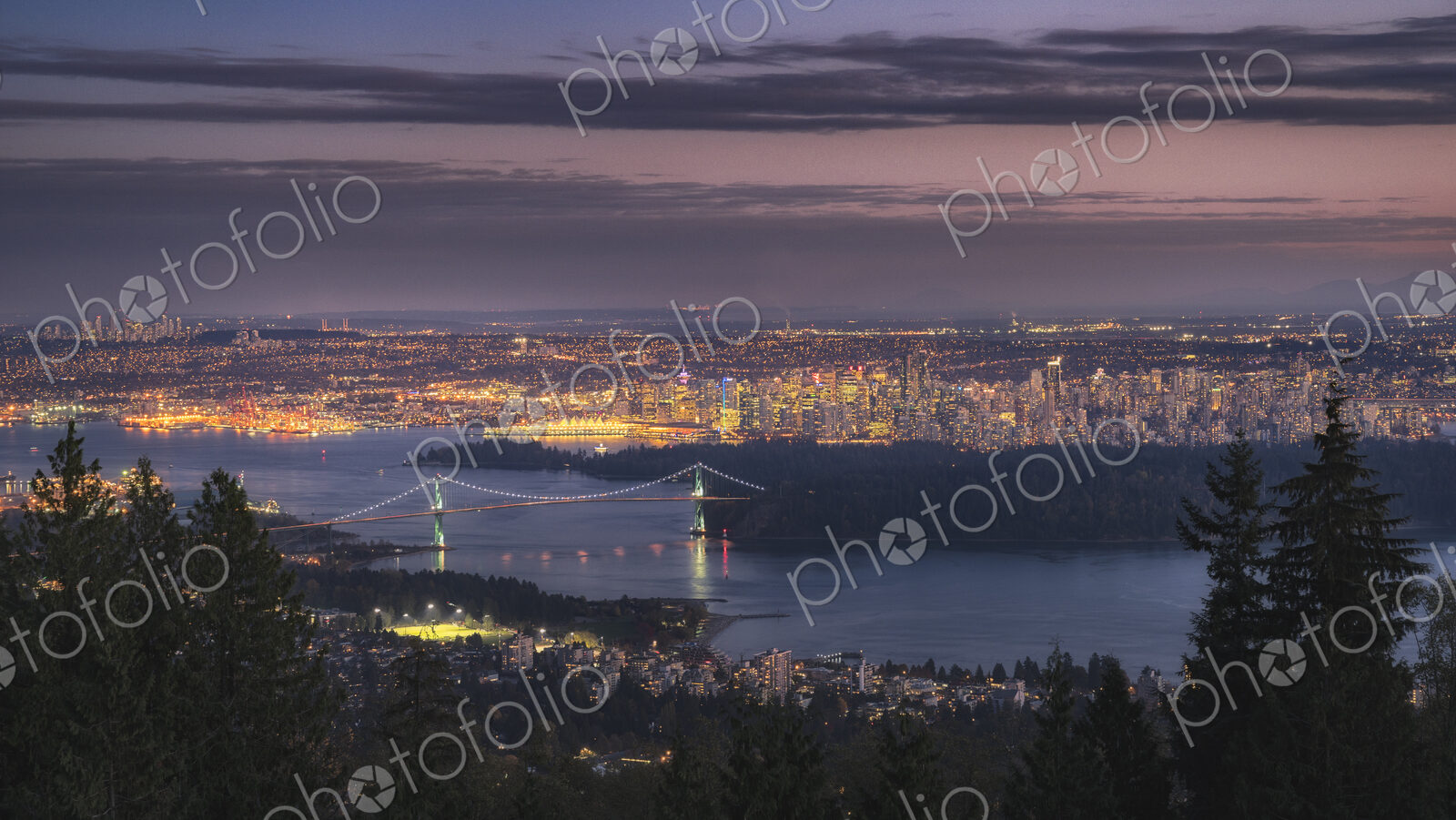 Vancouver city lit up at dawn.