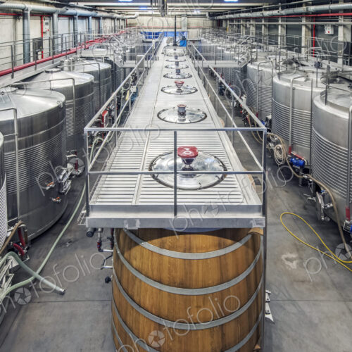 Vats in wine processing plant