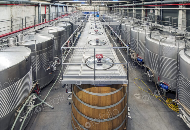 Vats in wine processing plant