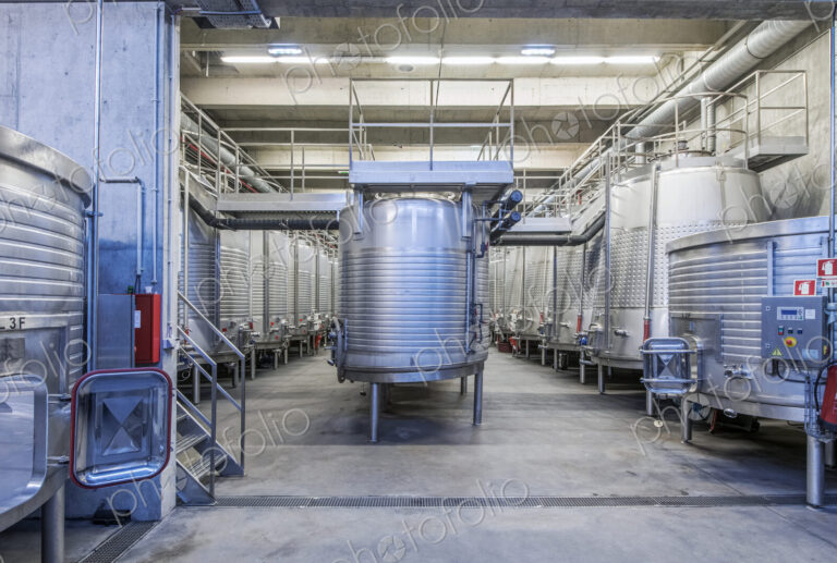 Vats in wine processing plant