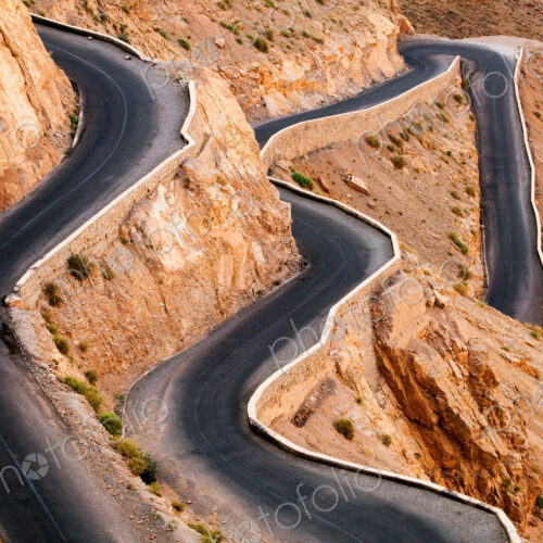 Very windy road up the rocky Atlas mountains from the Dades Valley, Morocco