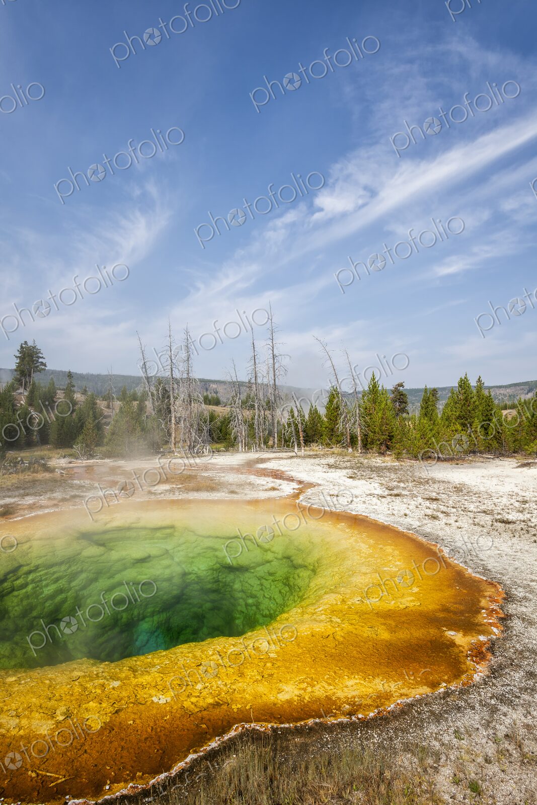 Vibrant colors of Morning Glory Pool in Yellowstone’s Upper Geyser Basin, with clear…