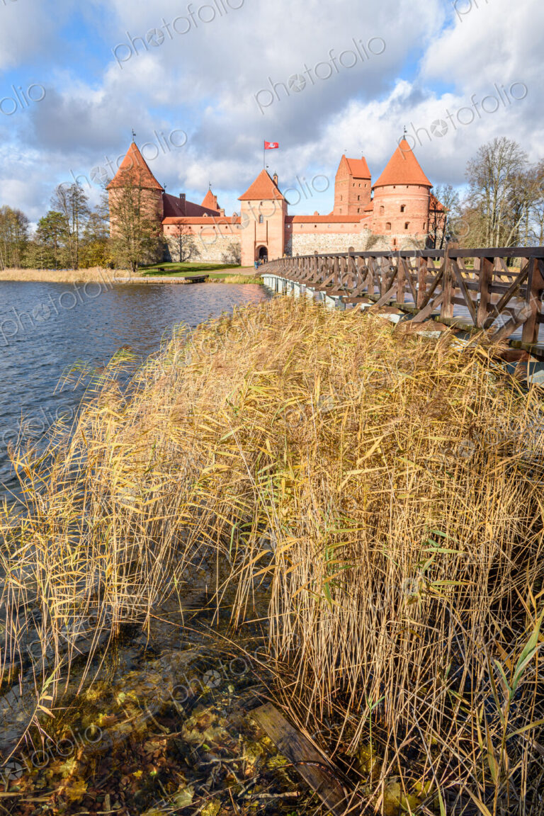 View across Lake Galve with Trakai Island Castle in Vilnius, Lithuania.