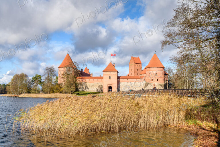 View across Lake Galve with Trakai Island Castle in Vilnius, Lithuania.