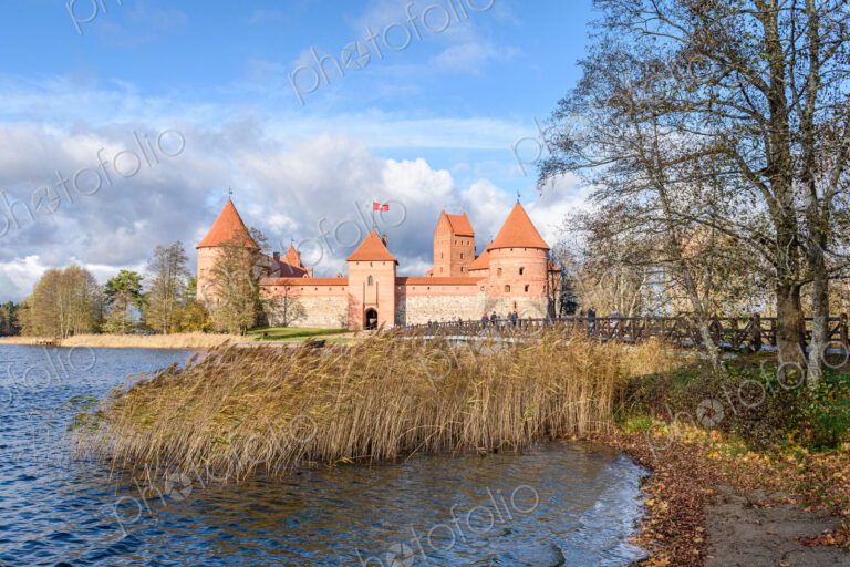 View across Lake Galve with Trakai Island Castle in Vilnius, Lithuania.