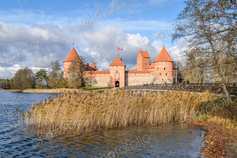View across Lake Galve with Trakai Island Castle in Vilnius, Lithuania.