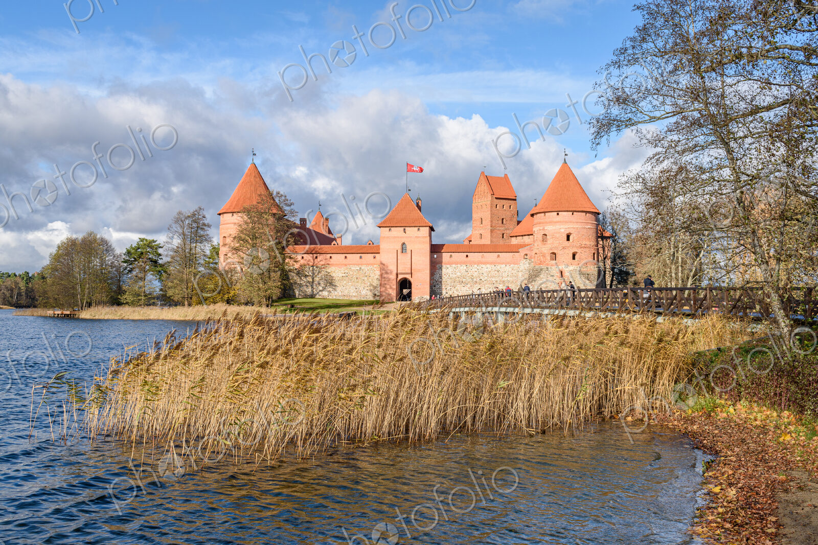 View across Lake Galve with Trakai Island Castle in Vilnius, Lithuania.