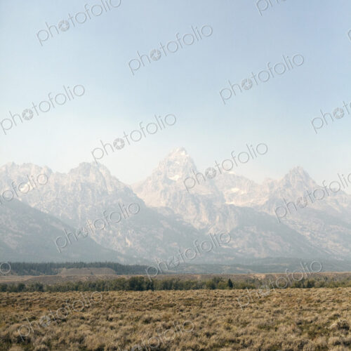 View across a flat landscape to a range of snow capped mountains.