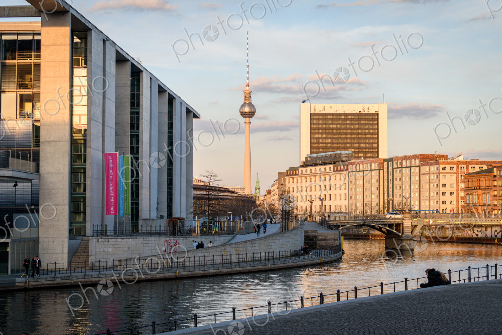 View across the river Spree in Berlin, Germany, with the TV Tower in the centre.
