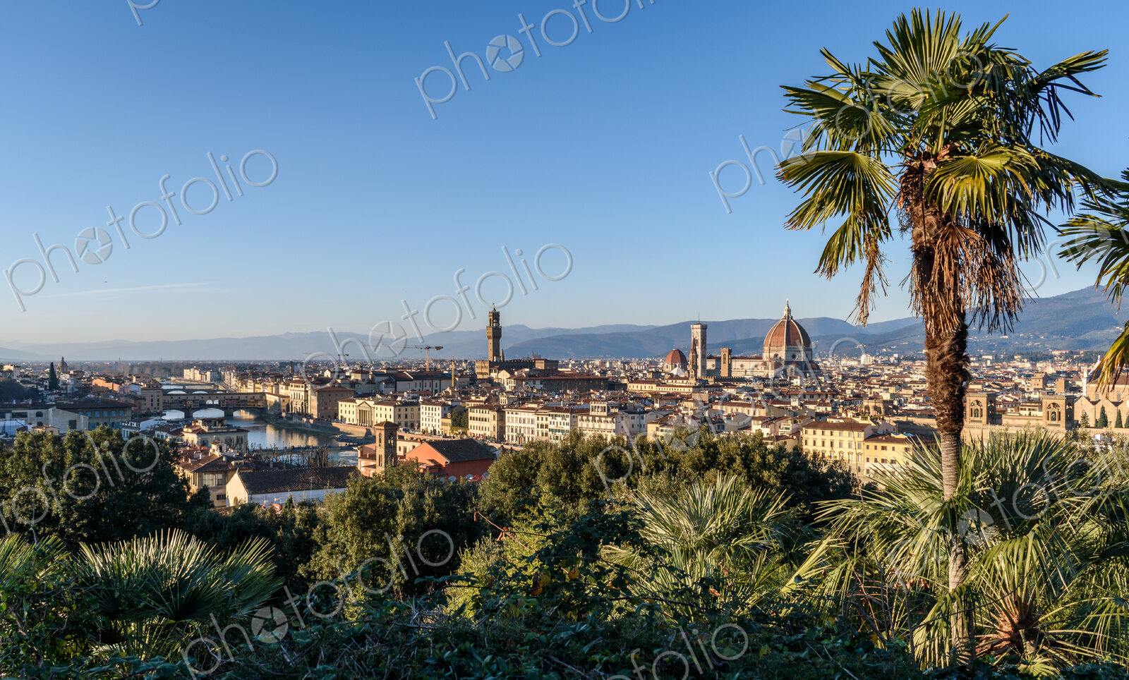 View across the rooftops of Florence, historic renaissance architectural landmarks,…