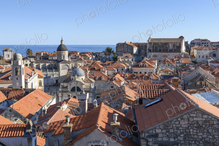 View across the rooftops of the historic old town of Dubrovnik, and a view to the…