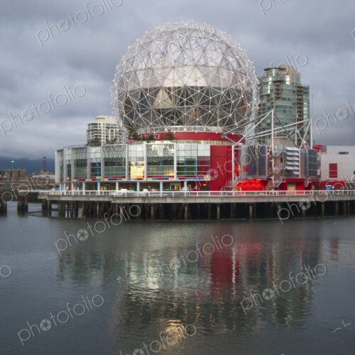 View across the water to Science World exhibition centre on the waterfront in downtown… View across the water to Science World exhibition centre on the waterfront in downtown…