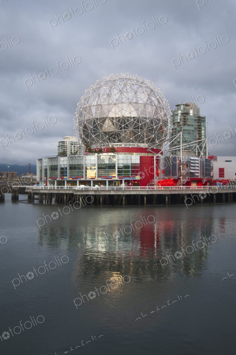View across the water to Science World exhibition centre on the waterfront in downtown…