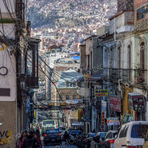 View along a steep street in La Paz, Bolivia.