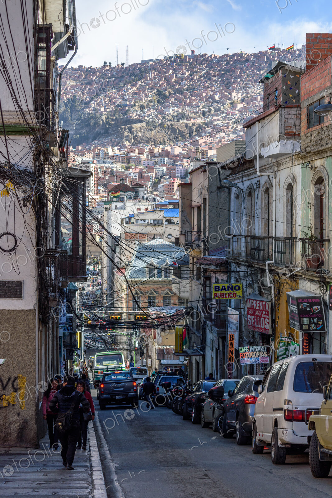 View along a steep street in La Paz, Bolivia.