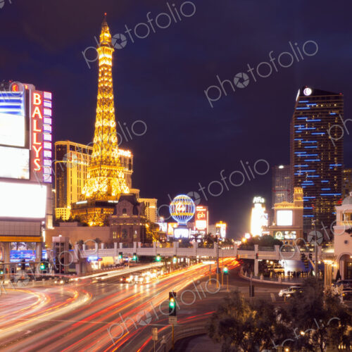 View along the Strip in Las Vegas at night, with the illuminated Paris Las Vegas Hotel… View along the Strip in Las Vegas at night, with the illuminated Paris Las Vegas Hotel…