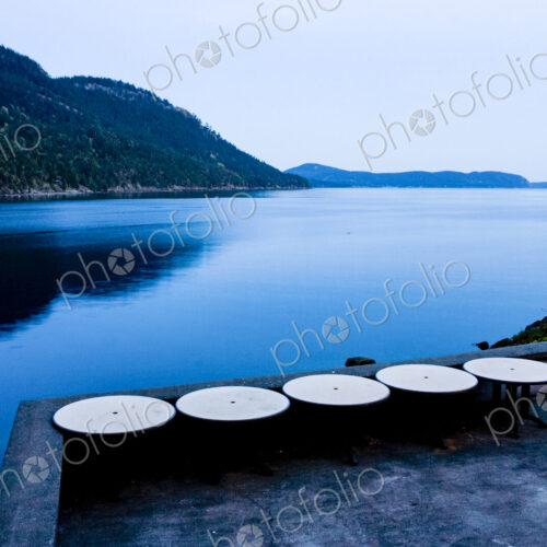 View from a terrace on Orcas Island, view over the water at dusk.