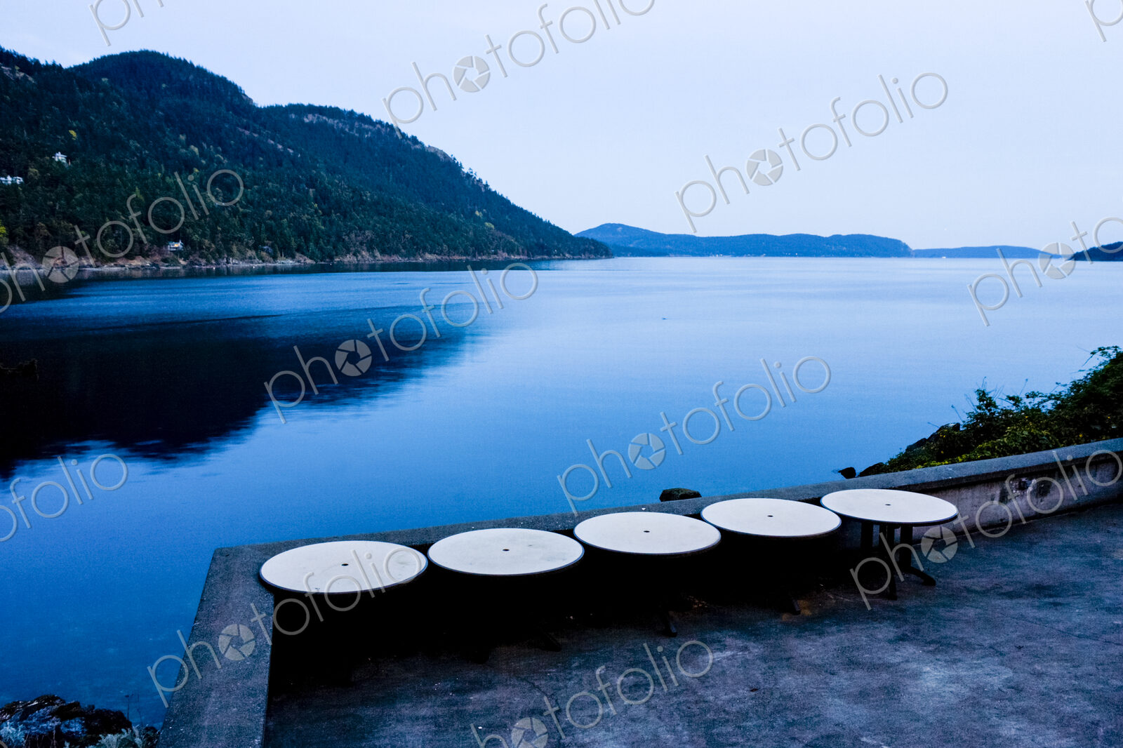 View from a terrace on Orcas Island, view over the water at dusk.