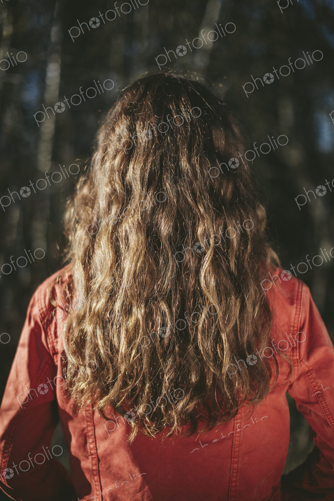 View from behind of teenage girl with long, wavy, brown hair