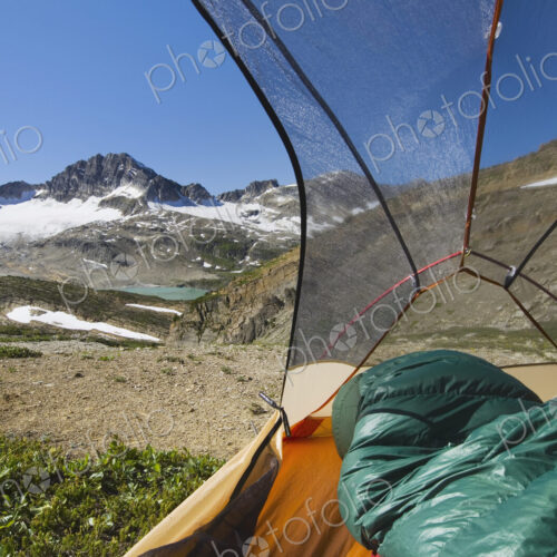 View from inside a tent of Russell Peak and Limestone Lakes Basin in… View from inside a tent of Russell Peak and Limestone Lakes Basin in…