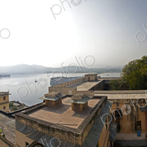 View from the City Palace historic buildings, balconies overlooking the lake Pichola,… View from the City Palace historic buildings, balconies overlooking the lake Pichola,…