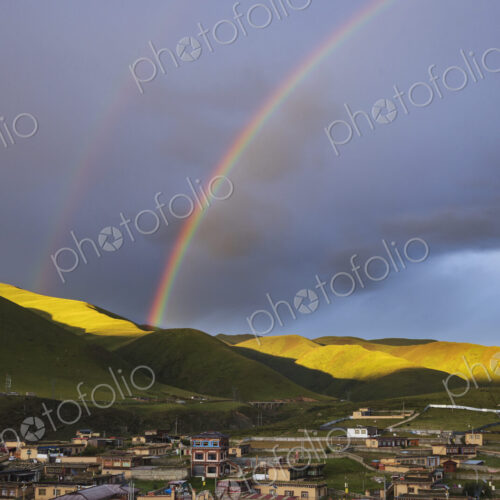 View from the Dege Zhuqing Mansion Hotel at Sunset, a double rainbow. View from the Dege Zhuqing Mansion Hotel at Sunset, a double rainbow.