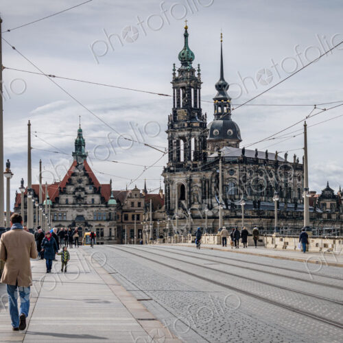 View of Augustus Bridge with Catholic Court Church in Dresden, Germany. View of Augustus Bridge with Catholic Court Church in Dresden, Germany.