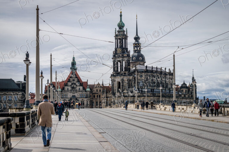 View of Augustus Bridge with Catholic Court Church in Dresden, Germany.