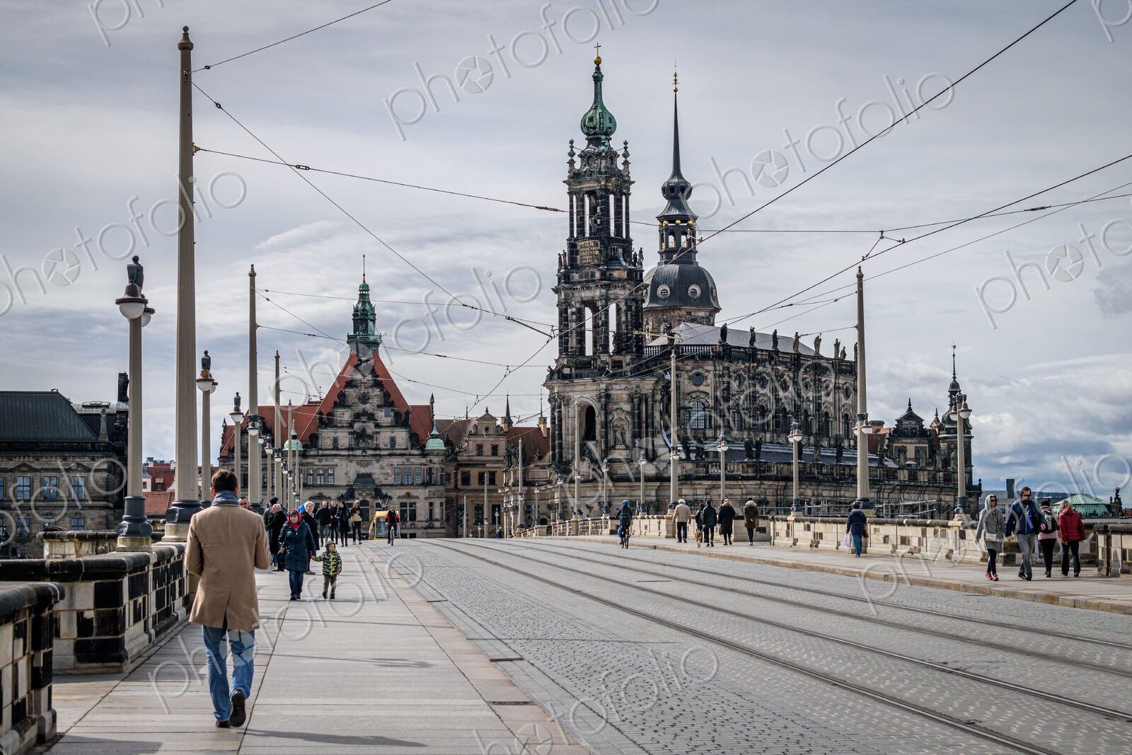 View of Augustus Bridge with Catholic Court Church in Dresden, Germany.